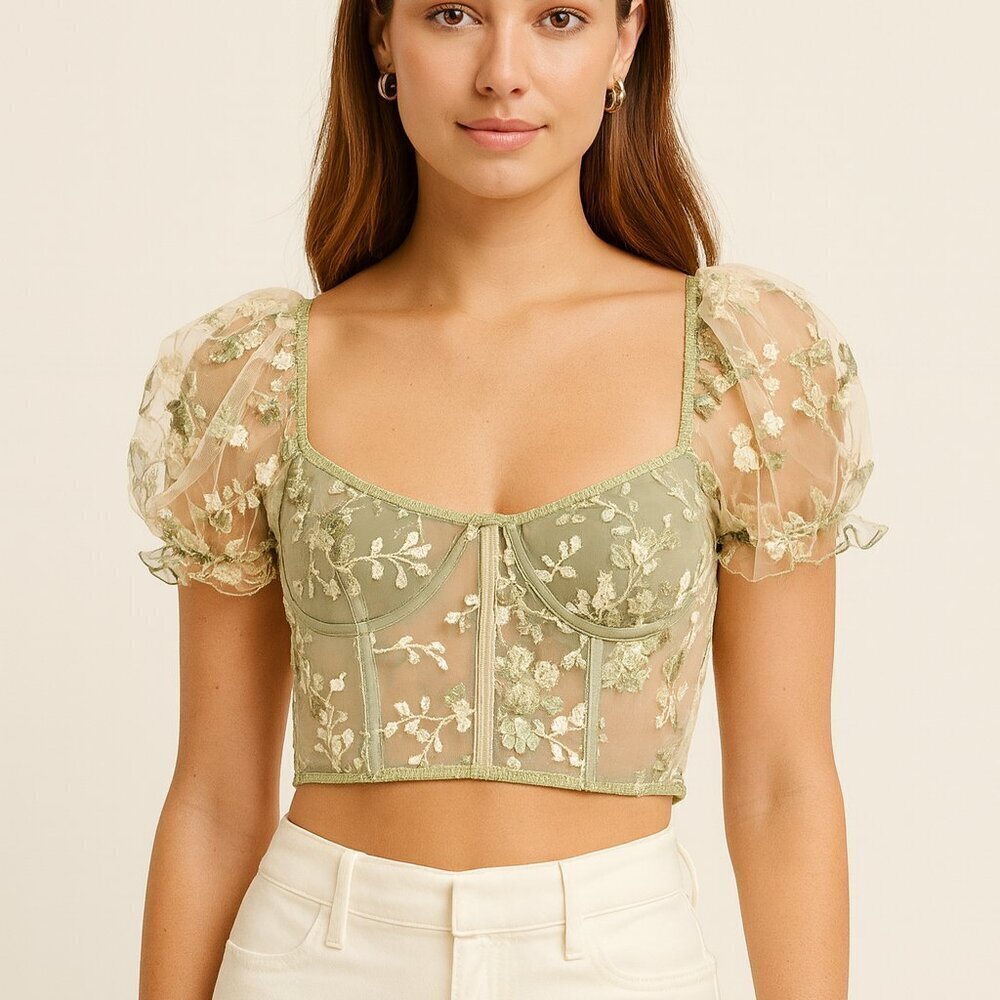 Sheer Floral Embroidered Mesh Crop Top | Size S | Sage Green Puff Sleeve | NWT
